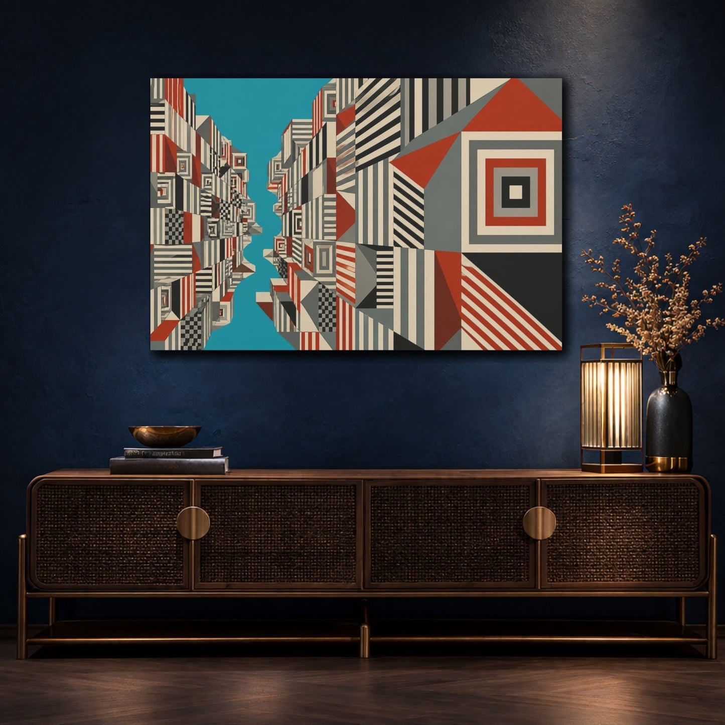 Mockup 4. Turquoise Canyon City Blocks shown as canvas print