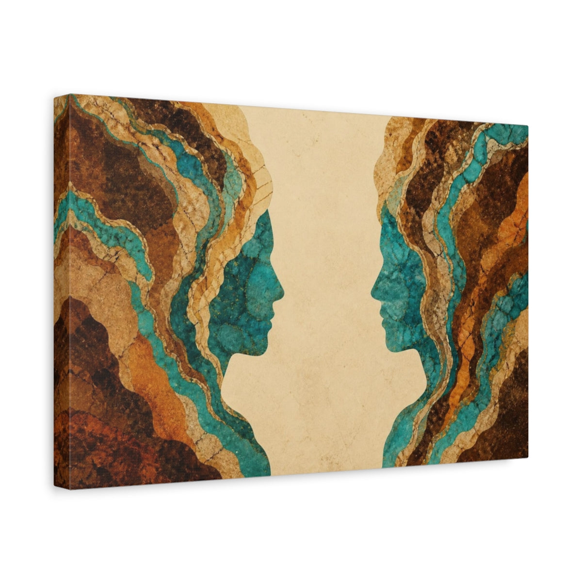 Side Mockup 4. Turquoise Facing Profiles shown as canvas print