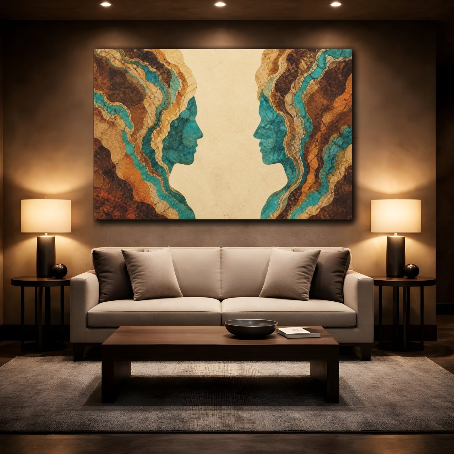 Mockup 2. Turquoise Facing Profiles shown as canvas print