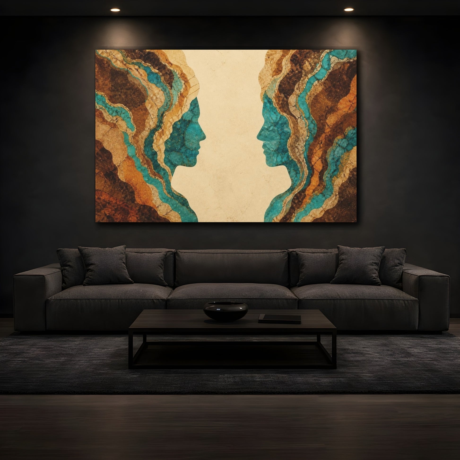 Mockup 3. Turquoise Facing Profiles shown as canvas print