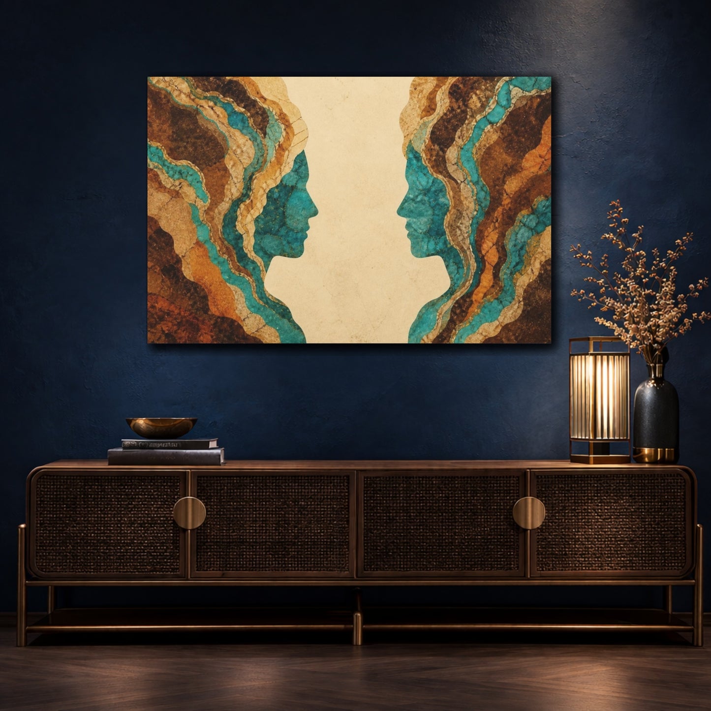 Mockup 4. Turquoise Facing Profiles shown as canvas print
