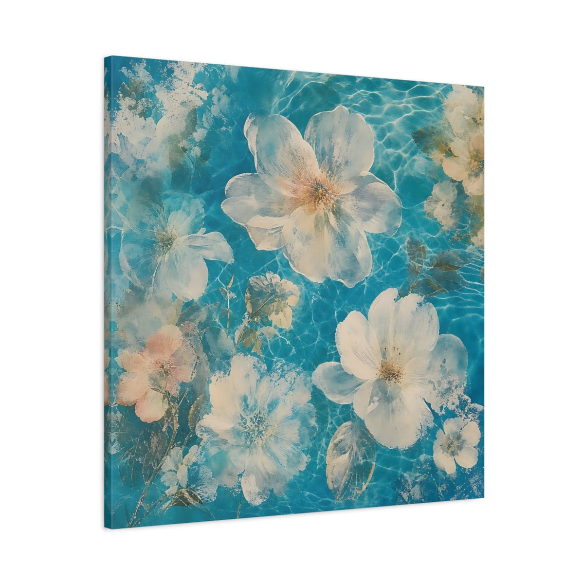Main Mockup. Turquoise Floating Blossoms shown as canvas print