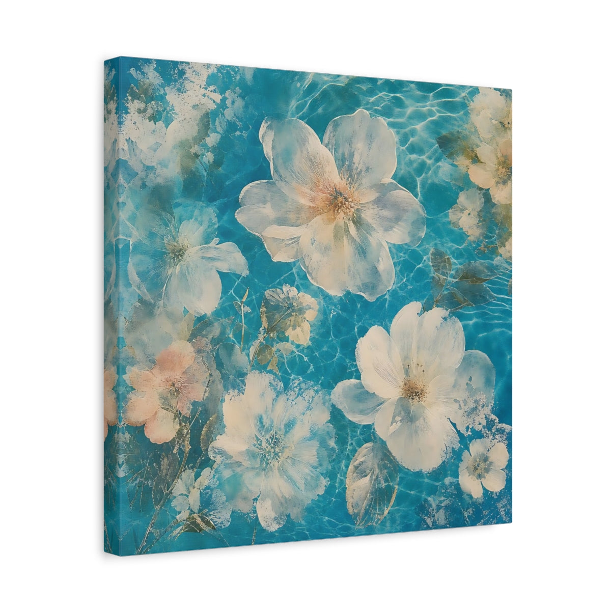 Side Mockup 6. Turquoise Floating Blossoms shown as canvas print