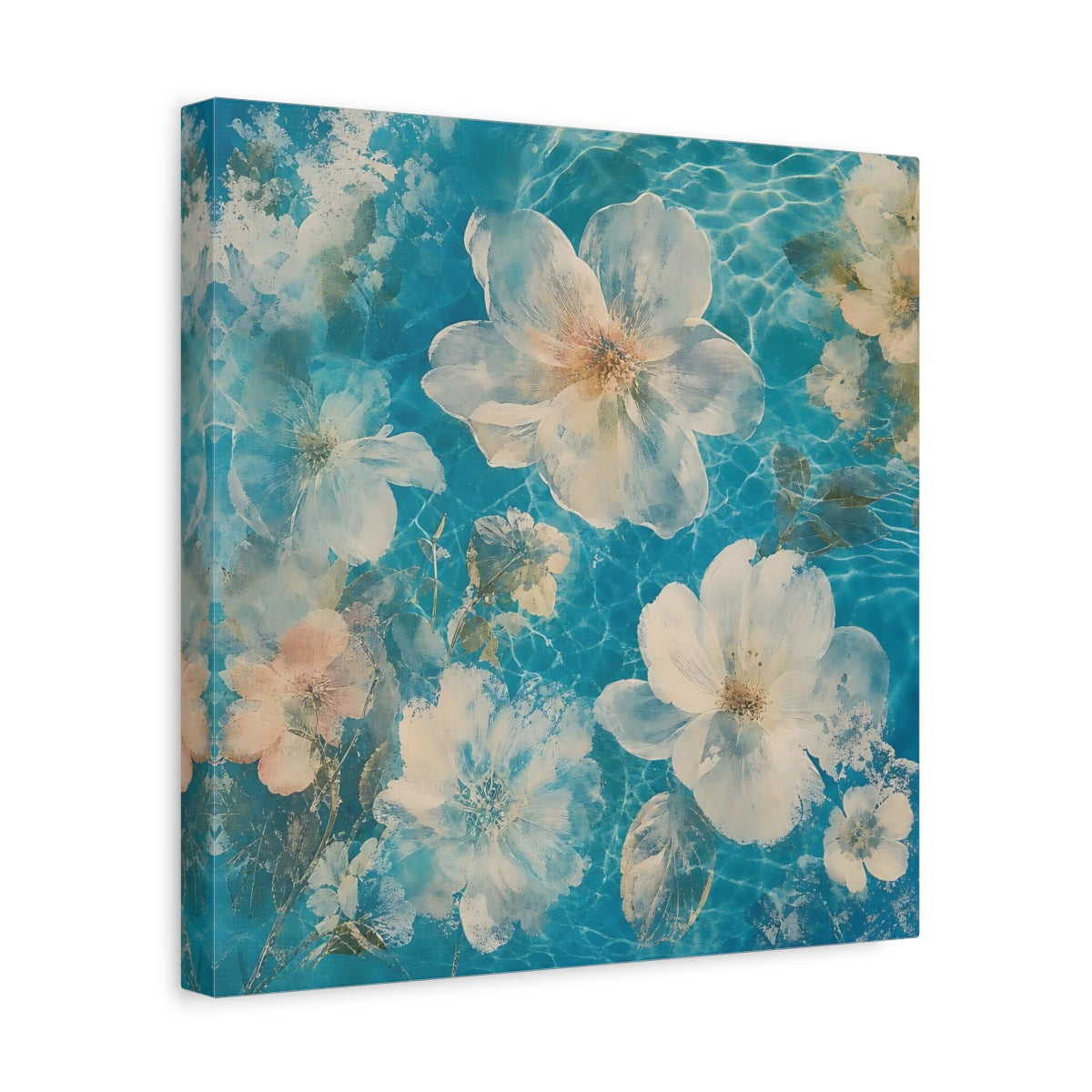 Side Mockup 7. Turquoise Floating Blossoms shown as canvas print