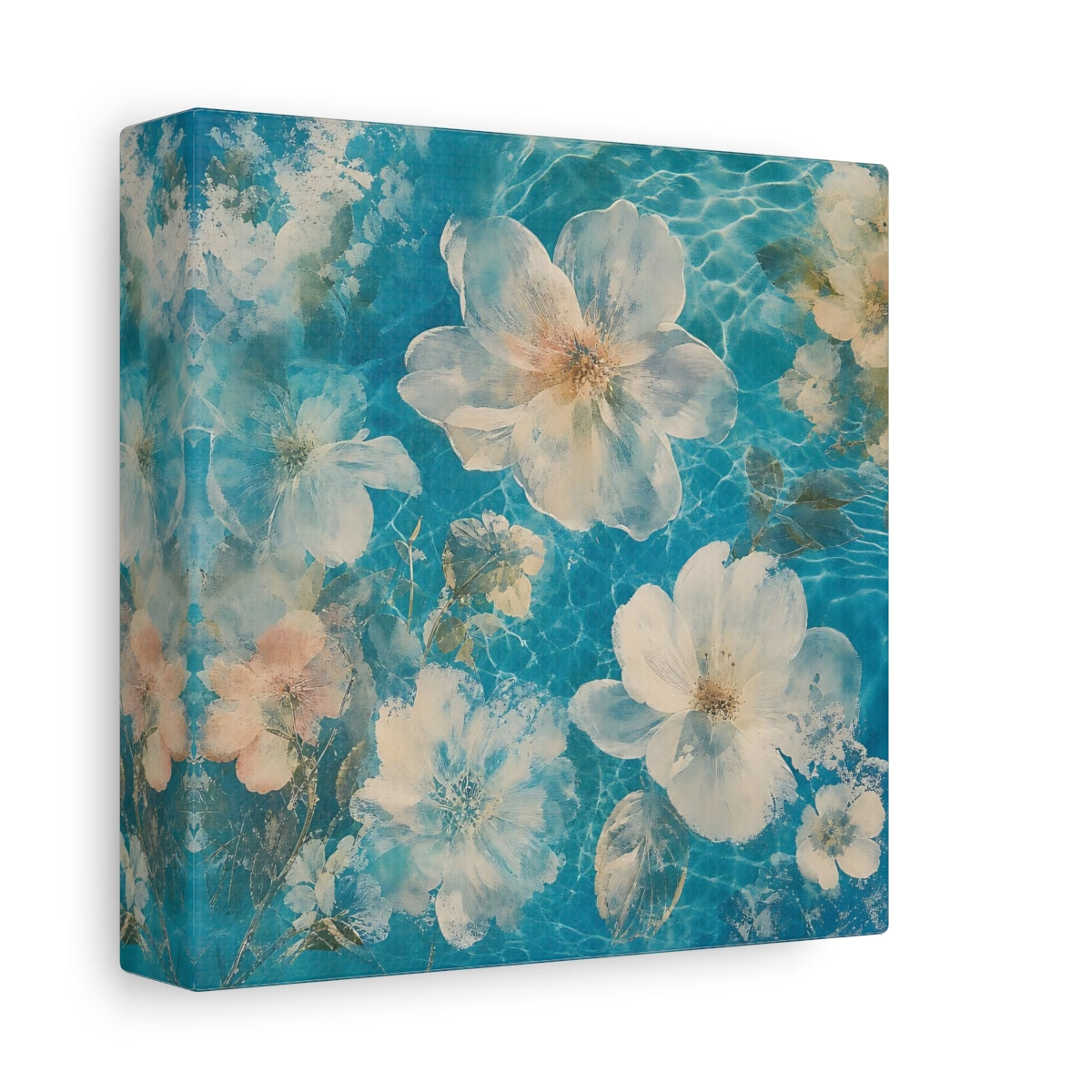 Side Mockup 2. Turquoise Floating Blossoms shown as canvas print