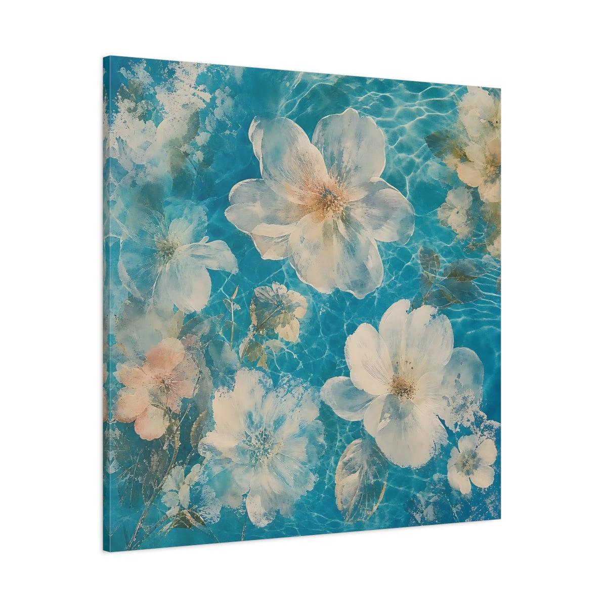 Side Mockup 1. Turquoise Floating Blossoms shown as canvas print