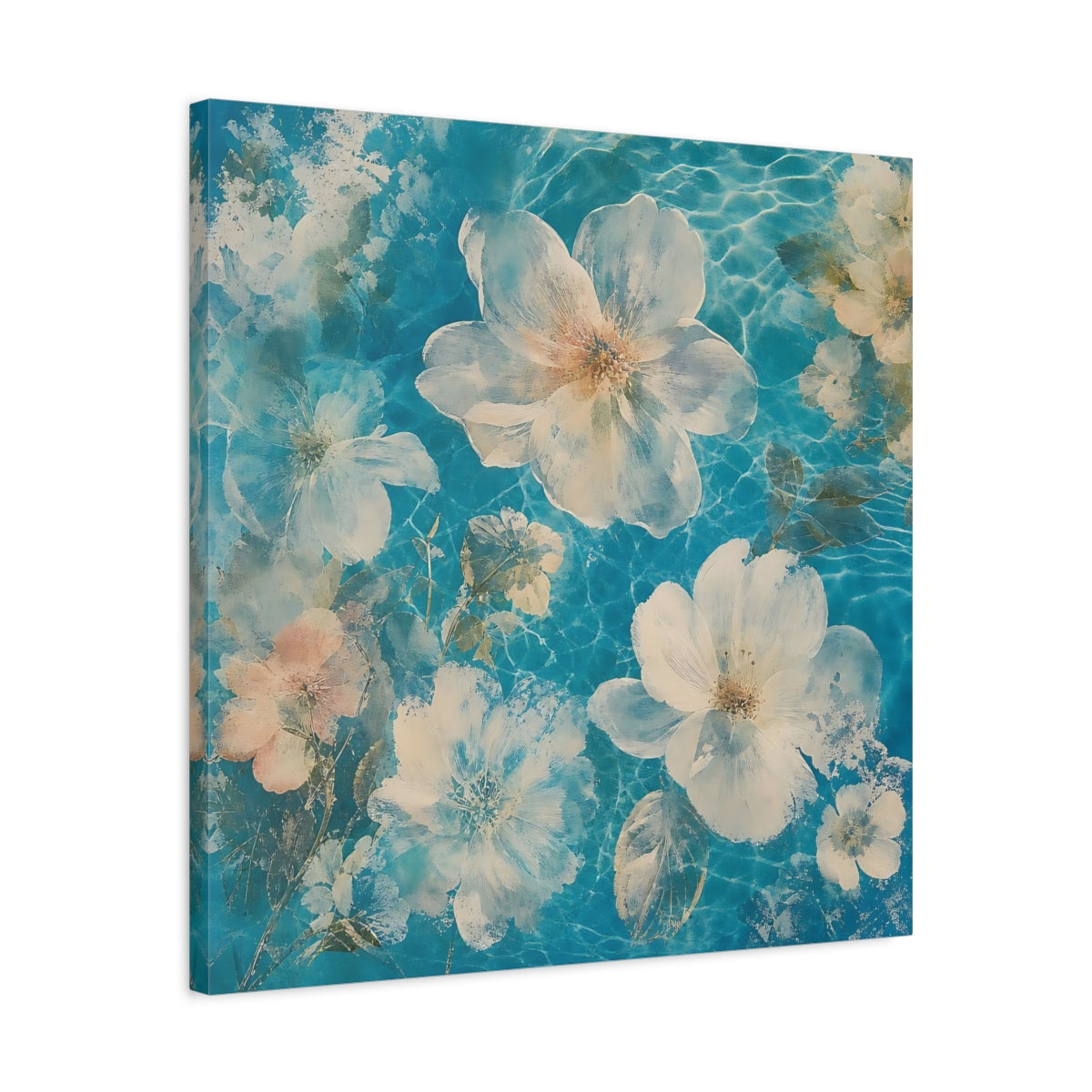 Side Mockup 4. Turquoise Floating Blossoms shown as canvas print