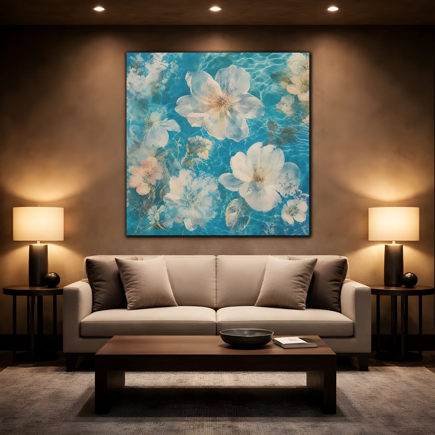 Mockup 2. Turquoise Floating Blossoms shown as canvas print