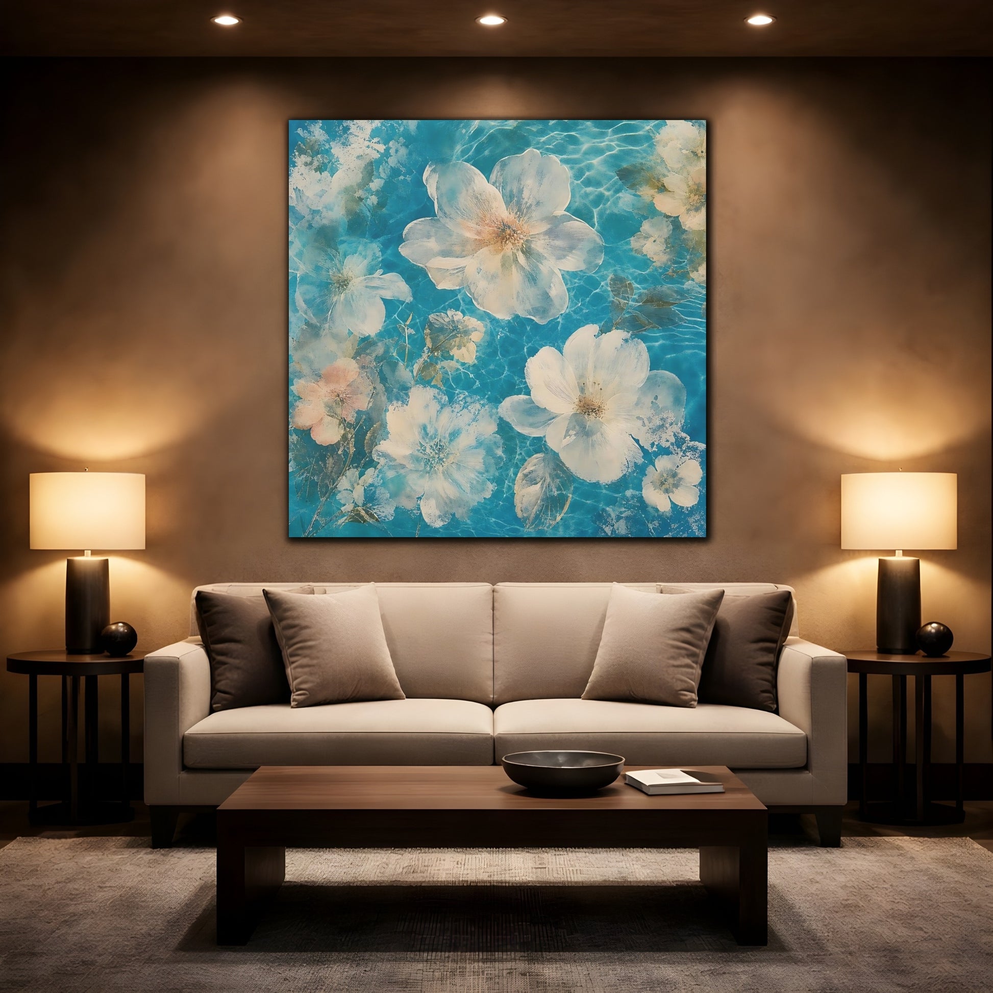 Mockup 2. Turquoise Floating Blossoms shown as canvas print