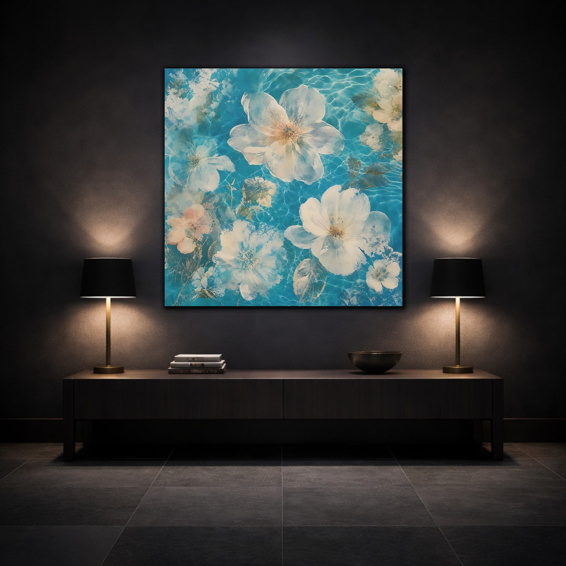 Mockup 3. Turquoise Floating Blossoms shown as canvas print