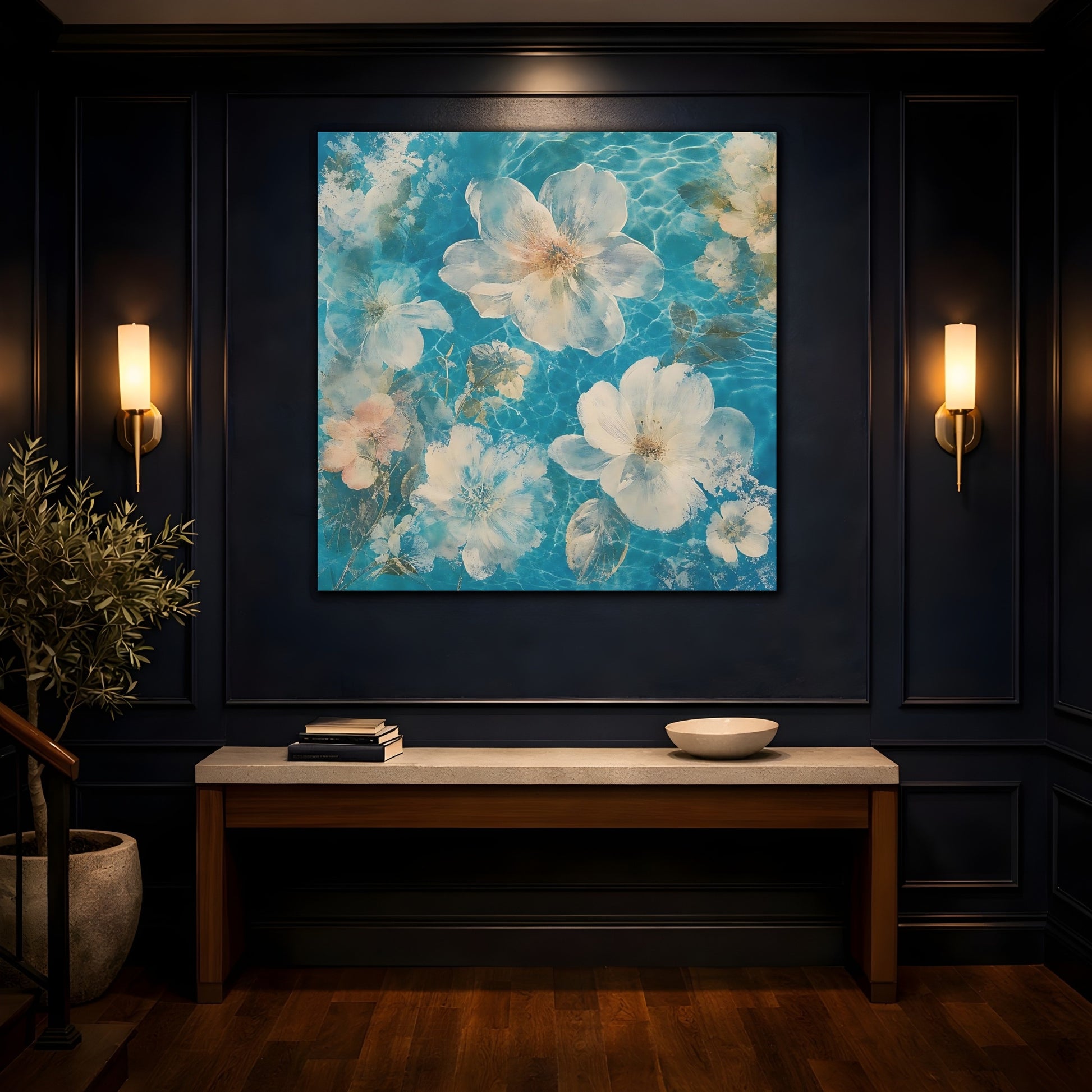Mockup 4. Turquoise Floating Blossoms shown as canvas print