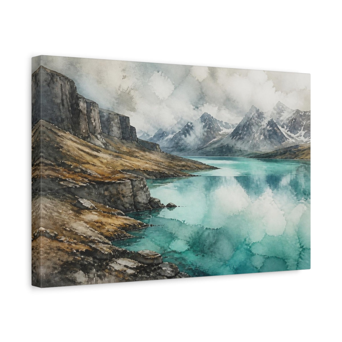 Side Mockup 4. Turquoise Highland Lake shown as canvas print