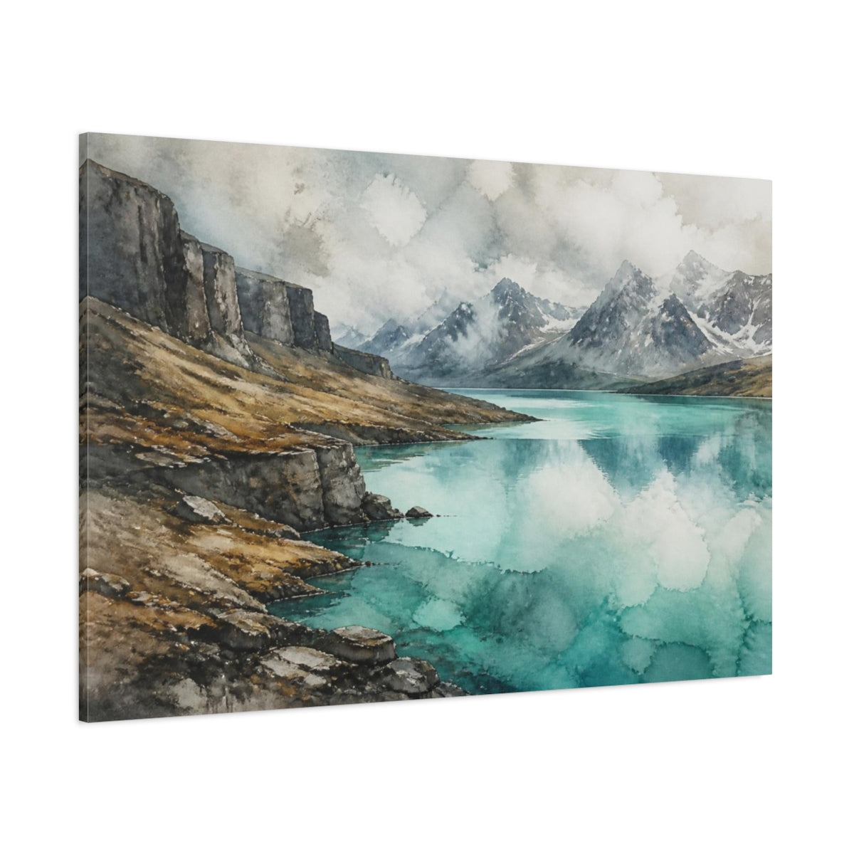 Side Mockup 1. Turquoise Highland Lake shown as canvas print