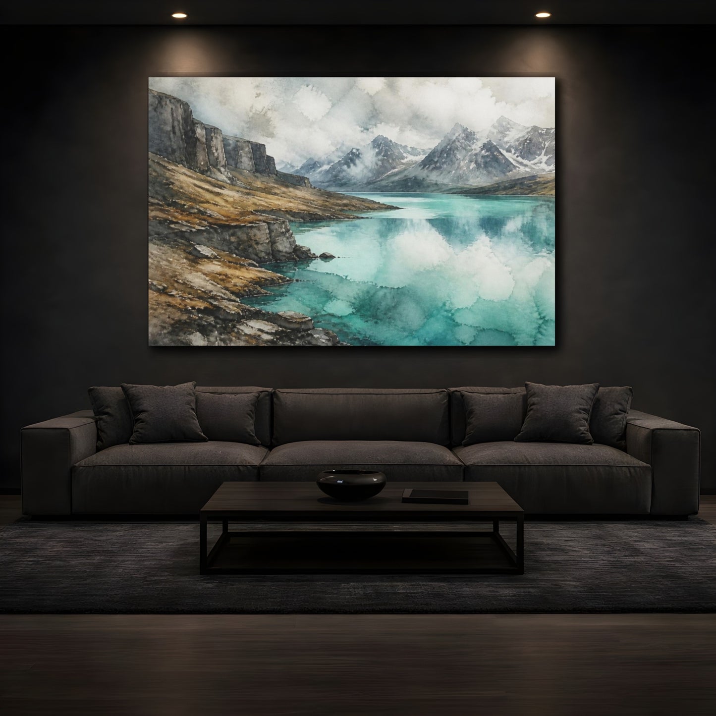 Mockup 3. Turquoise Highland Lake shown as canvas print