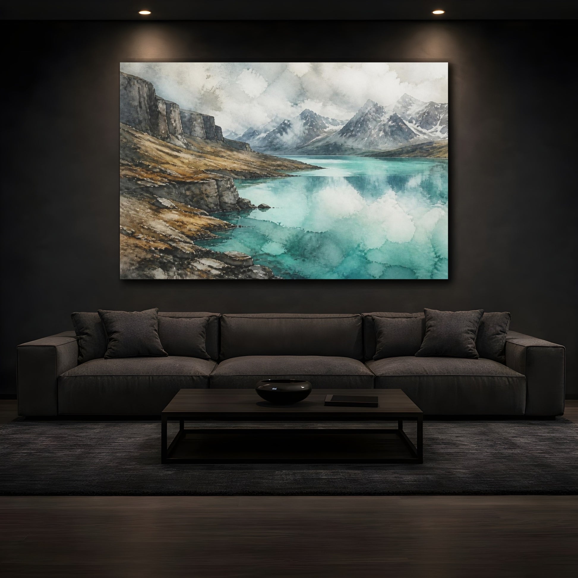 Mockup 3. Turquoise Highland Lake shown as canvas print