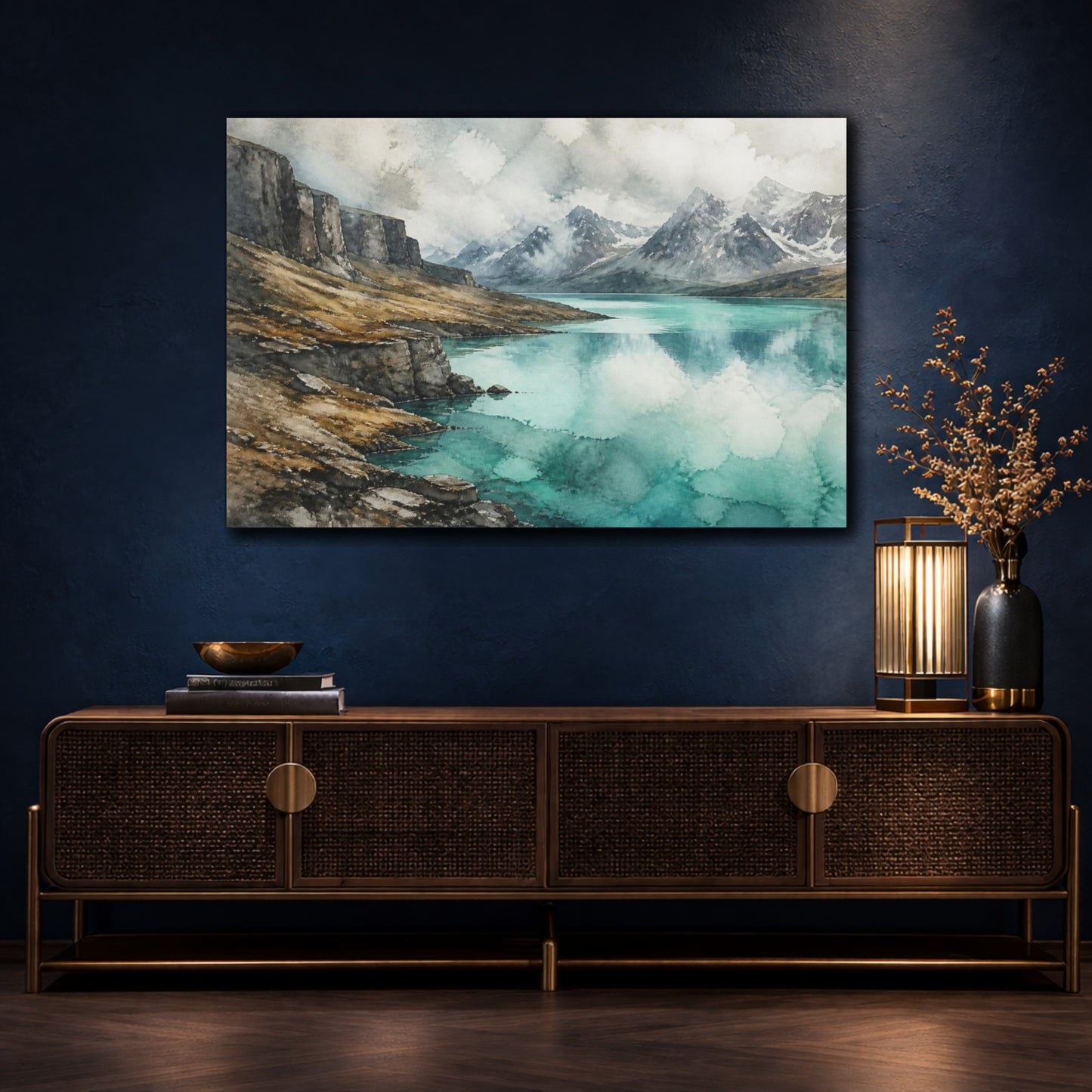 Mockup 4. Turquoise Highland Lake shown as canvas print