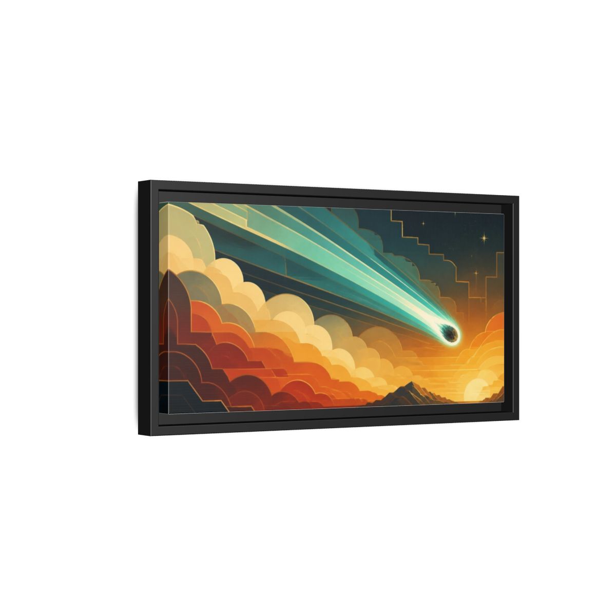 Side Mockup 8. Turquoise Meteor Sunset shown as framed canvas print