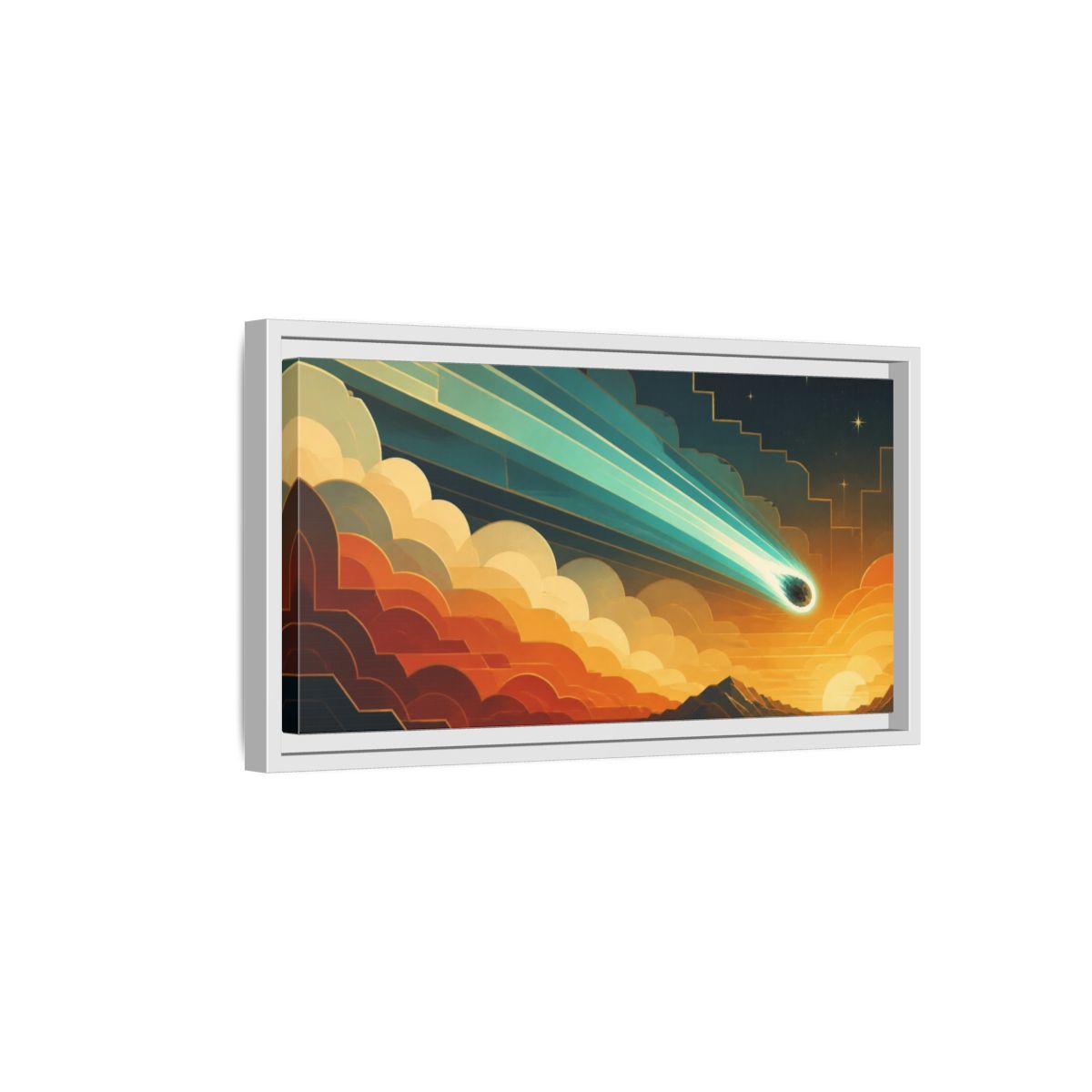 Side Mockup 6. Turquoise Meteor Sunset shown as framed canvas print