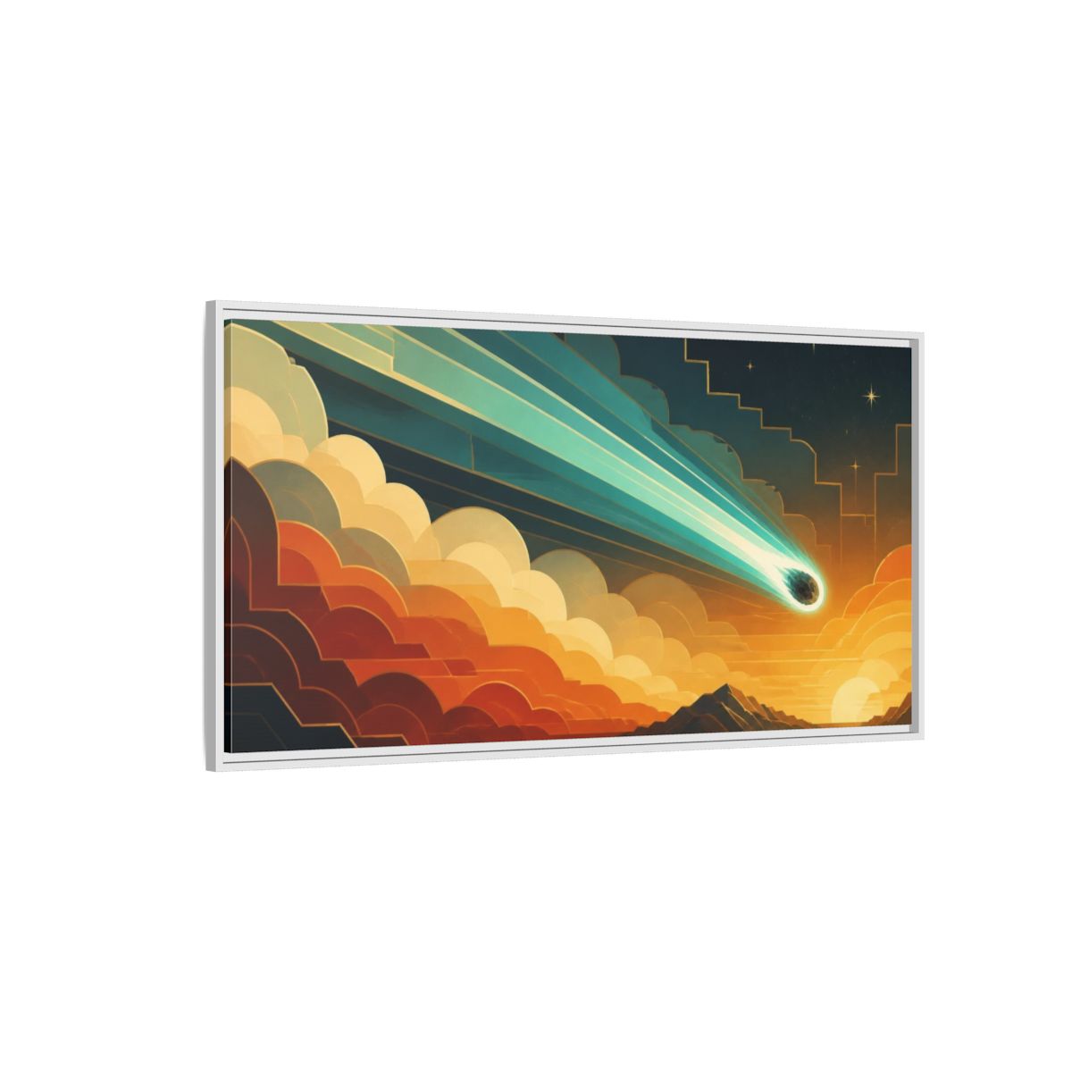 Side Mockup 3. Turquoise Meteor Sunset shown as framed canvas print