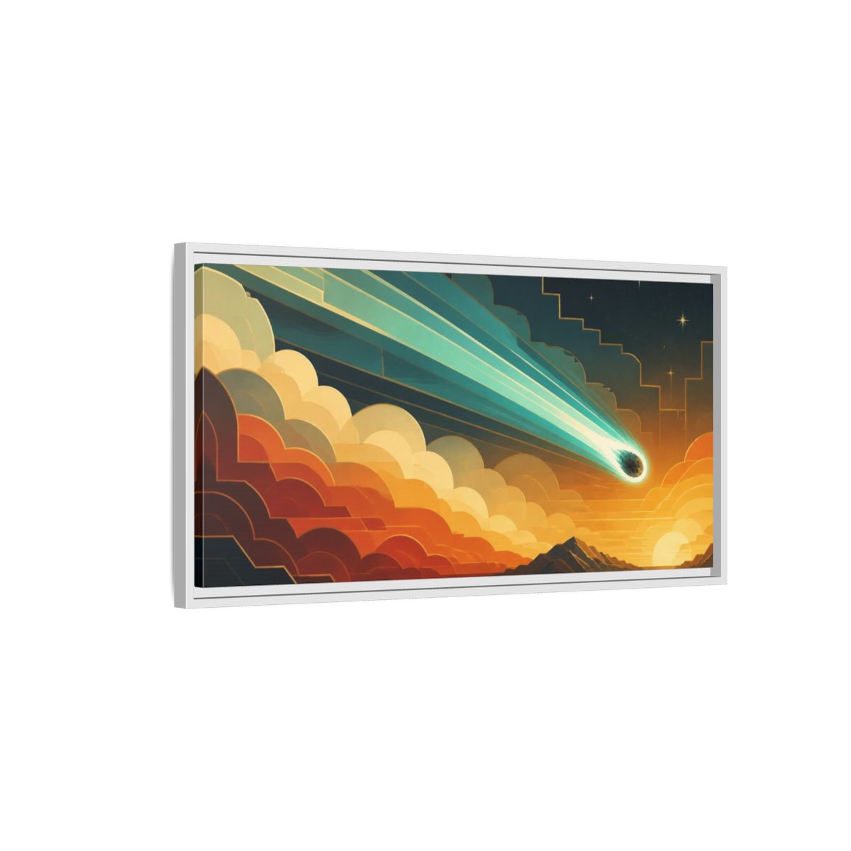 Side Mockup 1. Turquoise Meteor Sunset shown as framed canvas print