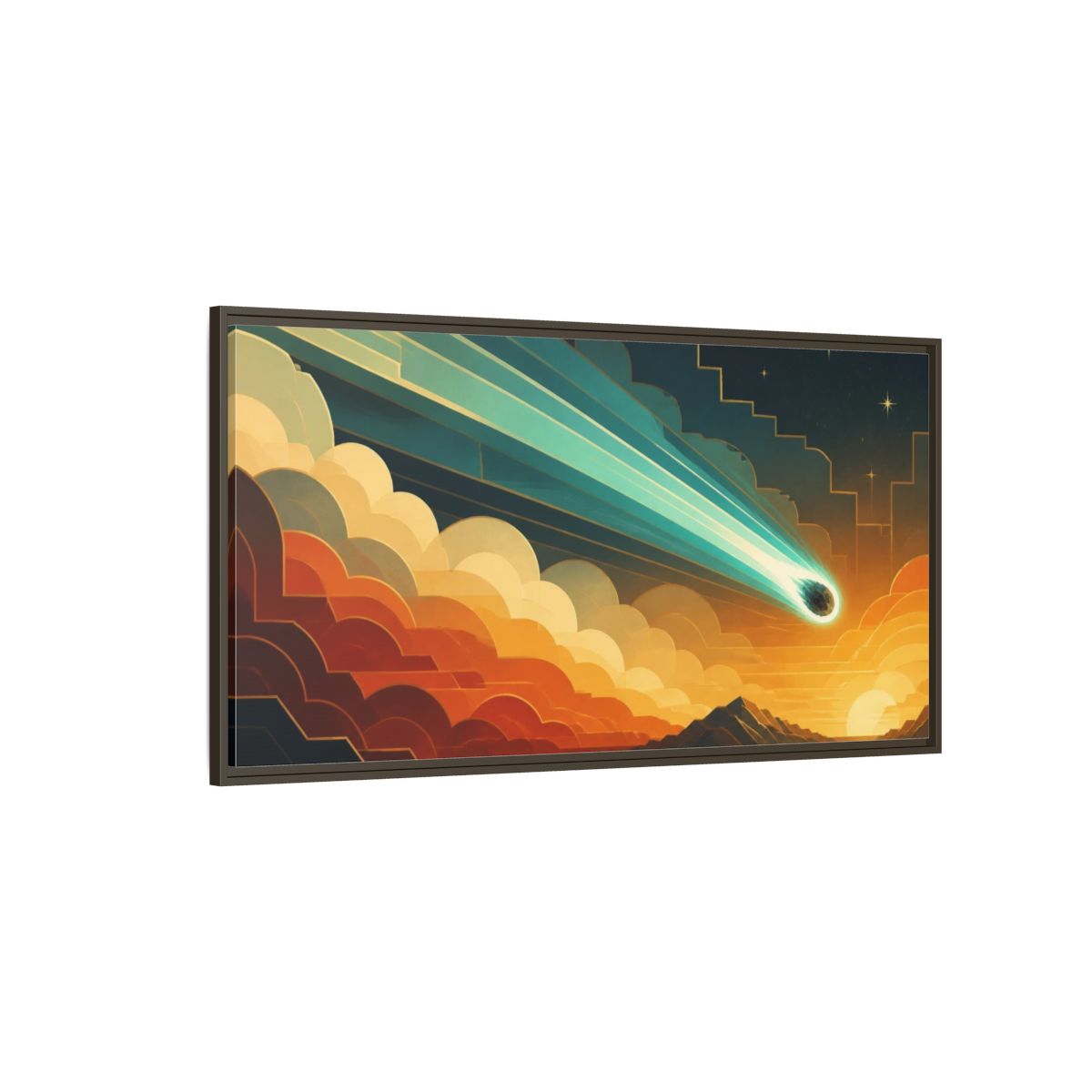 Side Mockup 4. Turquoise Meteor Sunset shown as framed canvas print