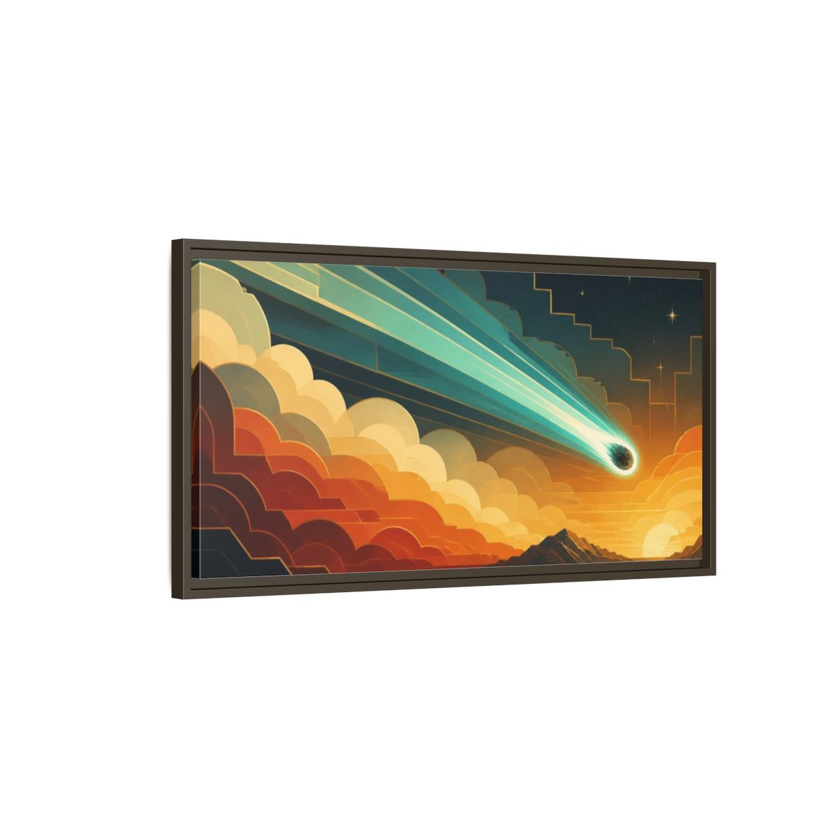 Main Mockup. Turquoise Meteor Sunset shown as framed canvas print