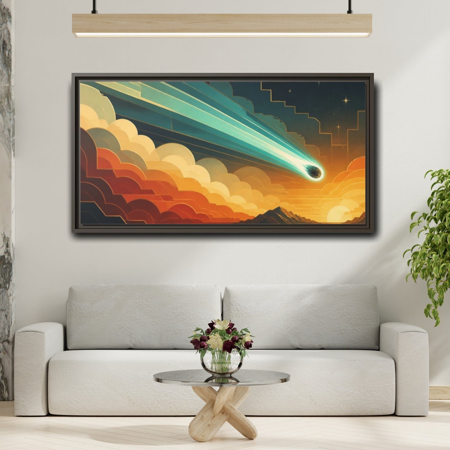Mockup 2. Turquoise Meteor Sunset shown as framed canvas print