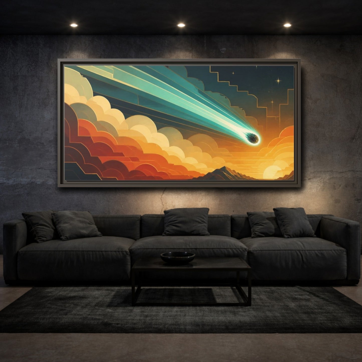Mockup 3. Turquoise Meteor Sunset shown as framed canvas print