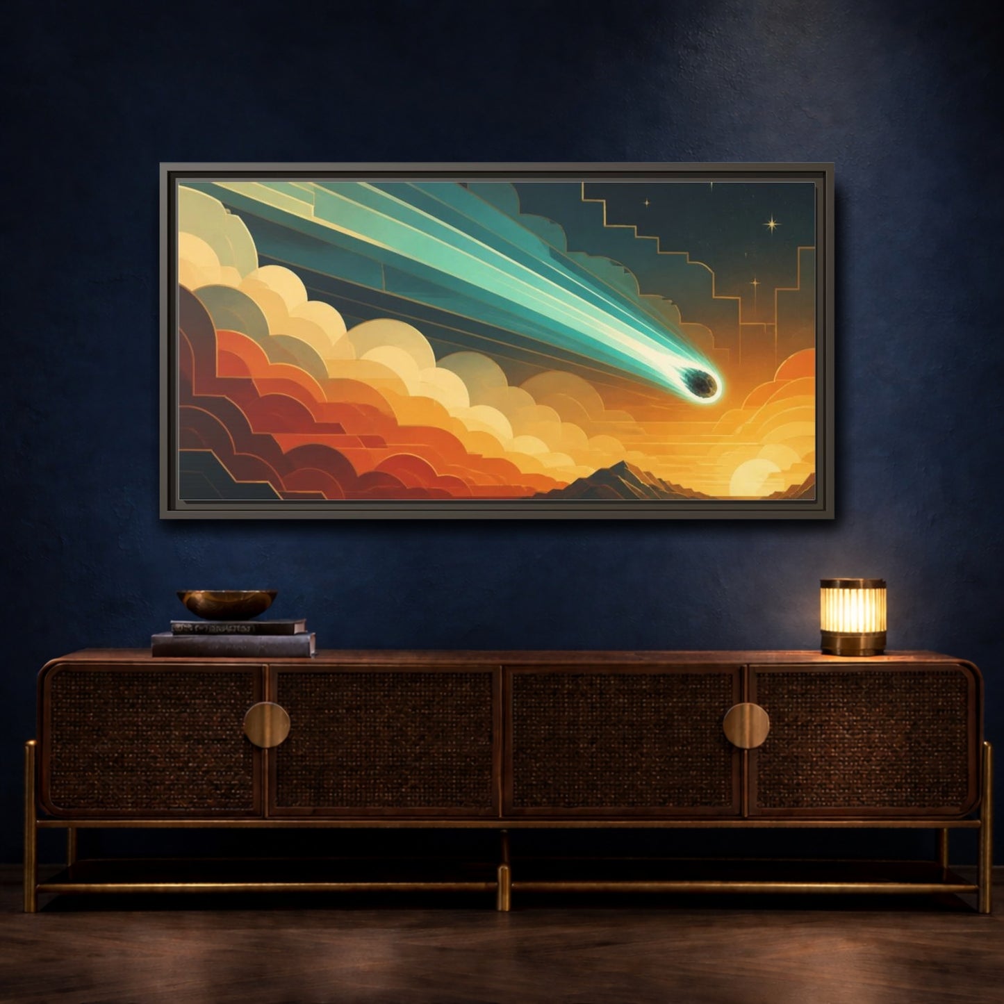 Mockup 4. Turquoise Meteor Sunset shown as framed canvas print