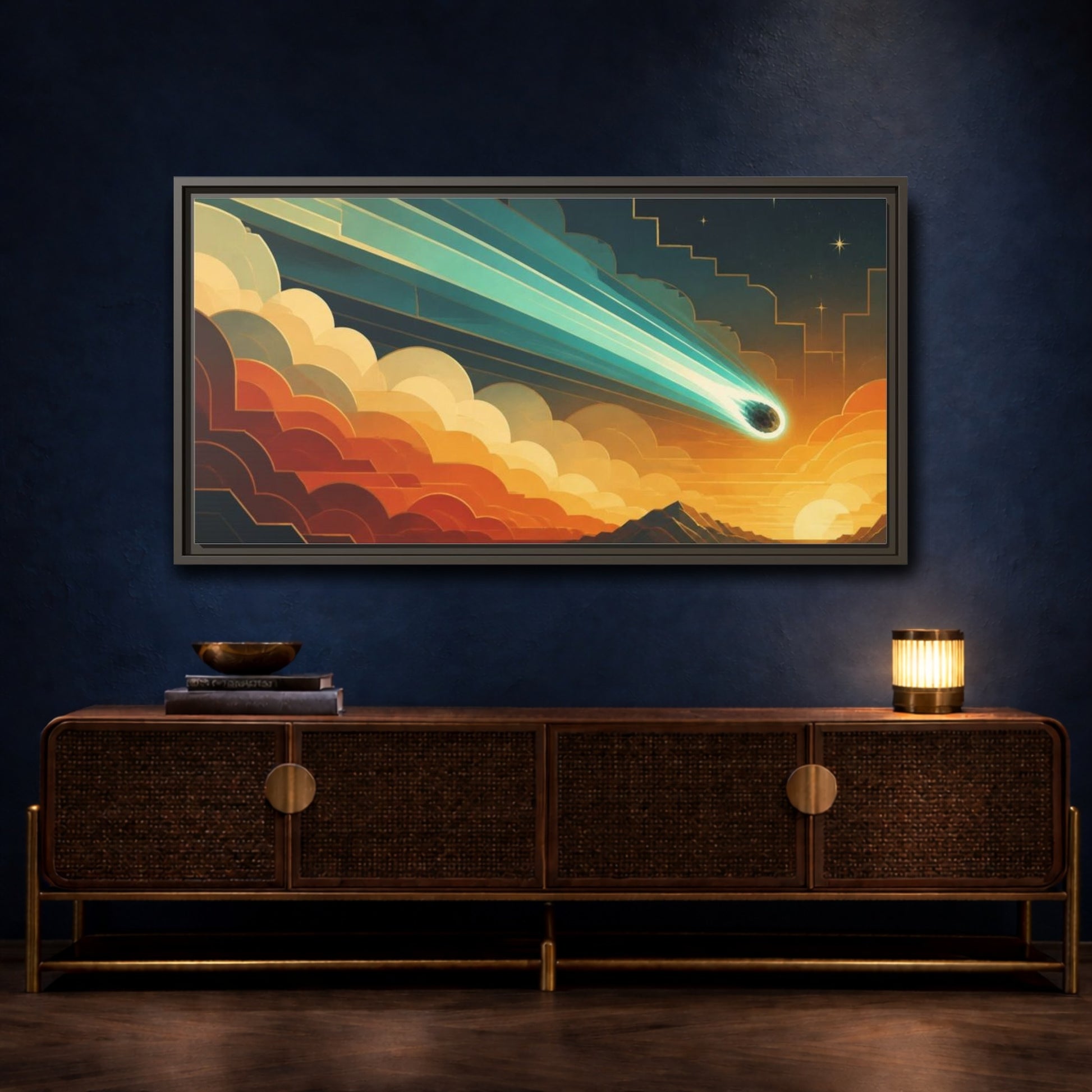 Mockup 4. Turquoise Meteor Sunset shown as framed canvas print