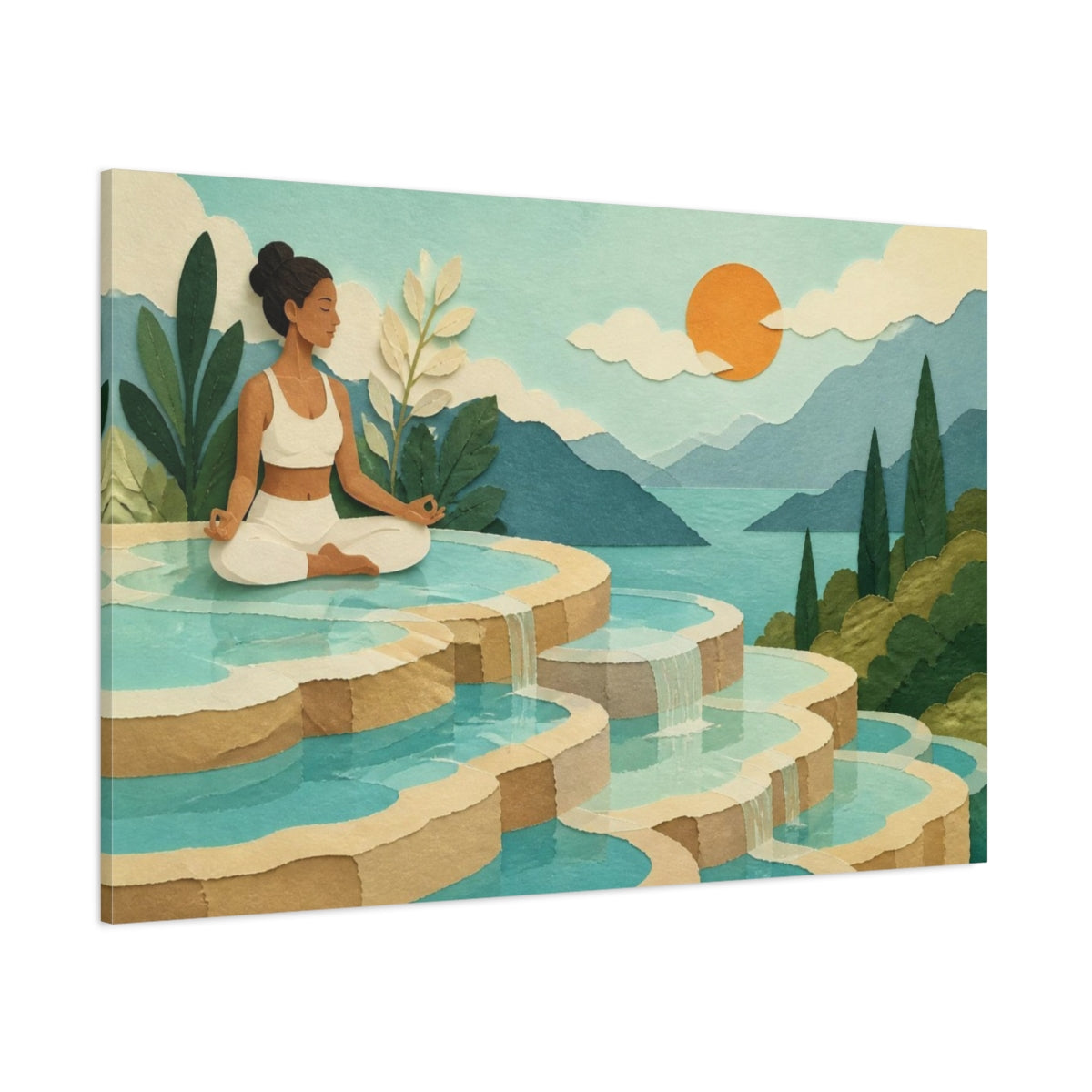 Side Mockup 1. Turquoise Terrace Yoga shown as canvas print