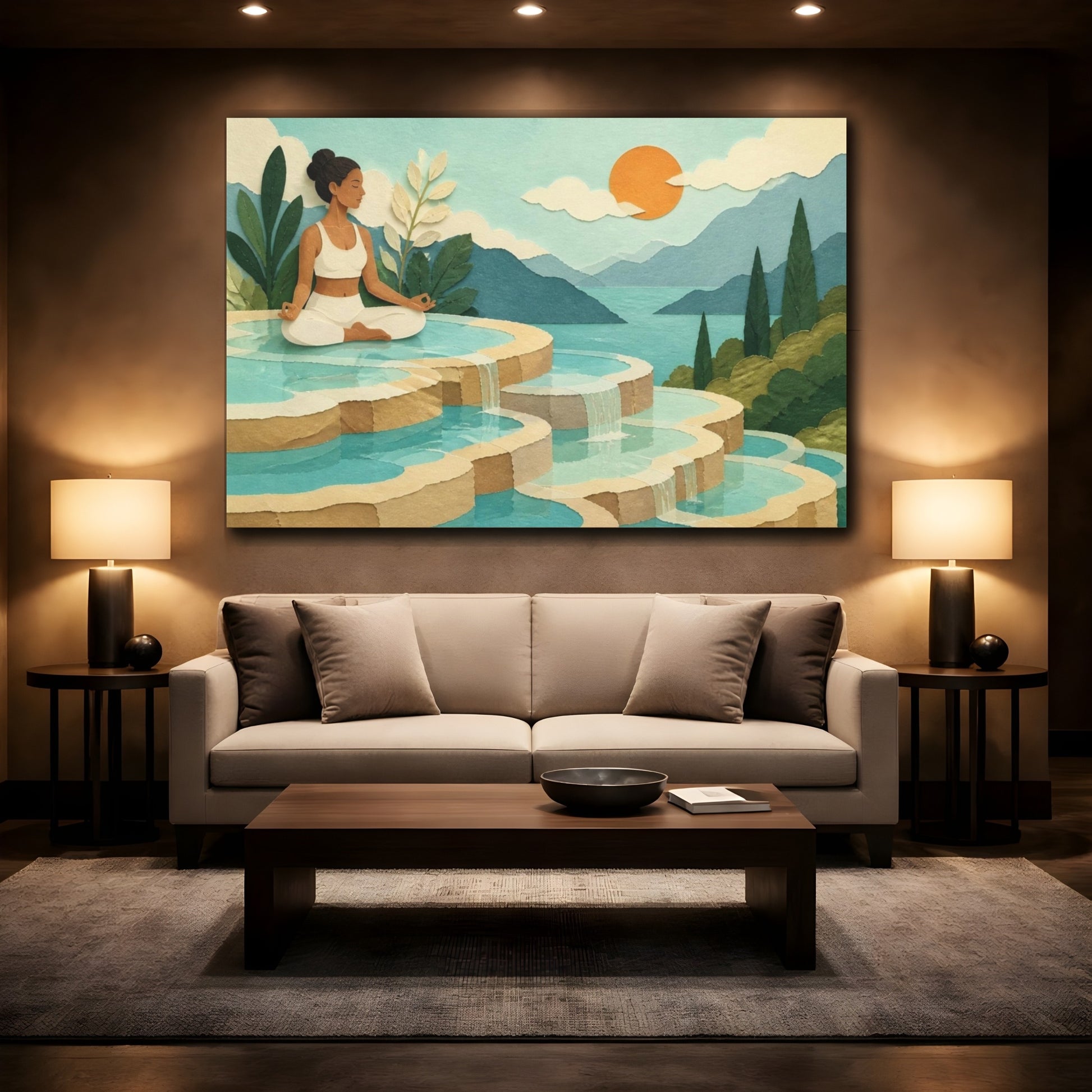 Mockup 2. Turquoise Terrace Yoga shown as canvas print