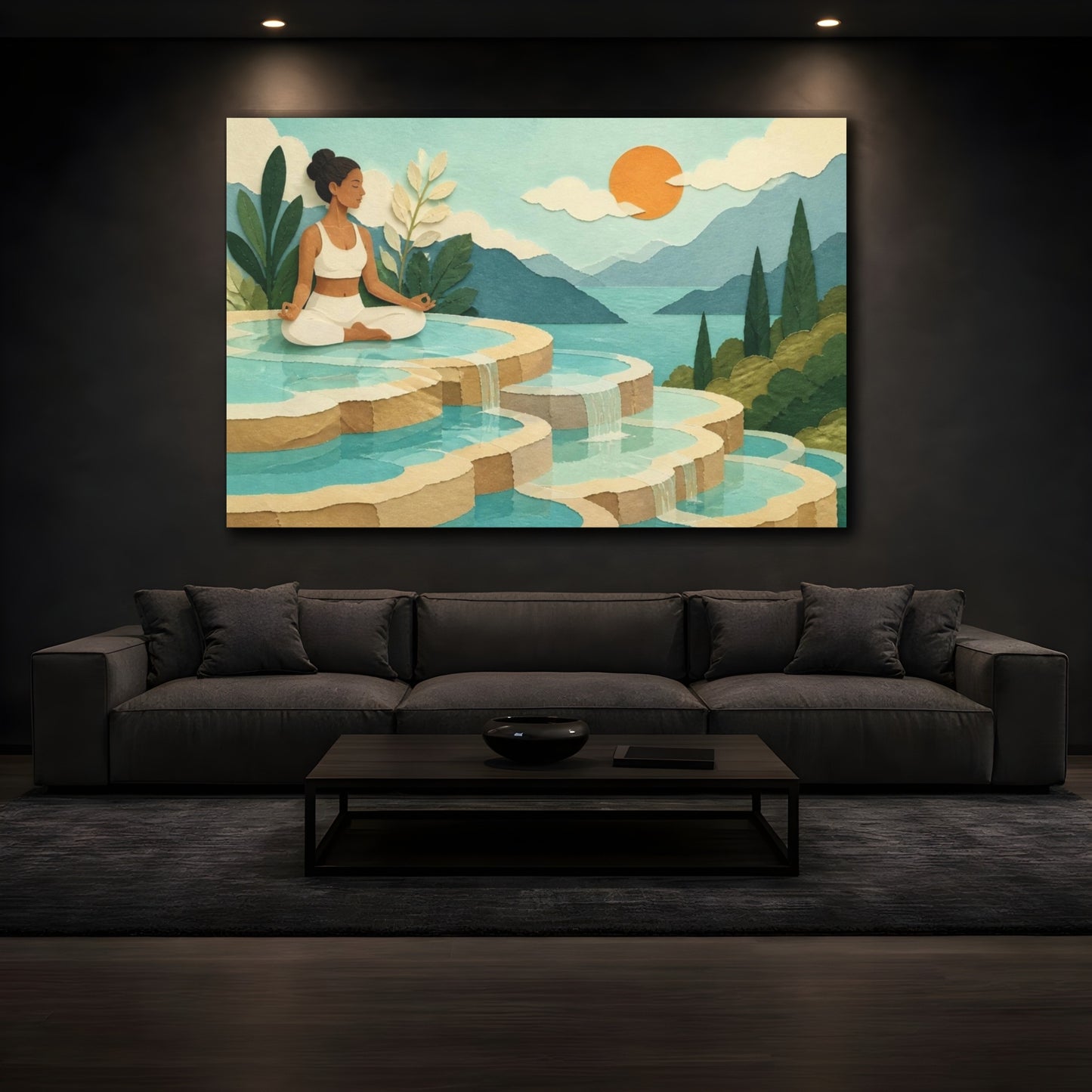 Mockup 3. Turquoise Terrace Yoga shown as canvas print
