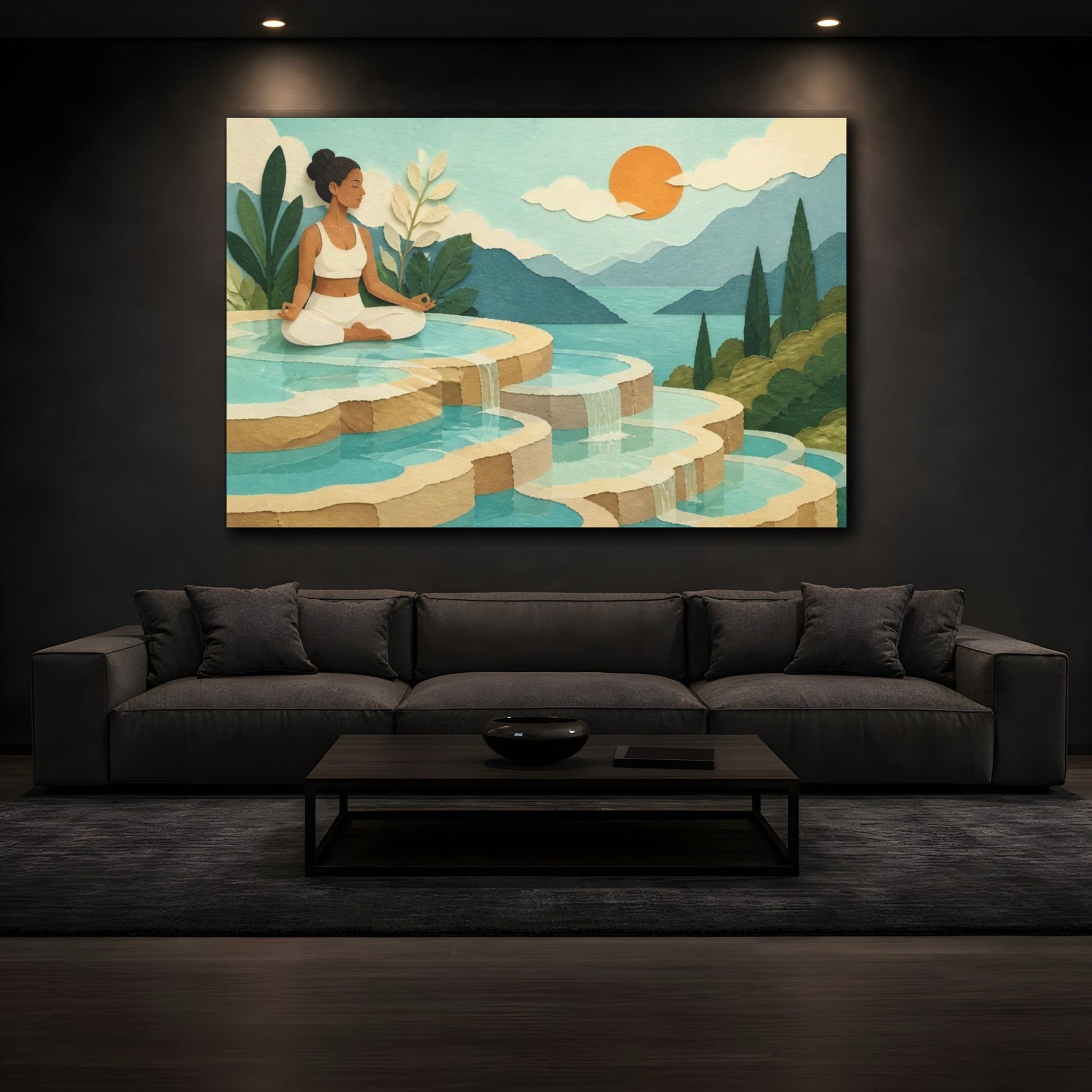 Mockup 3. Turquoise Terrace Yoga shown as canvas print