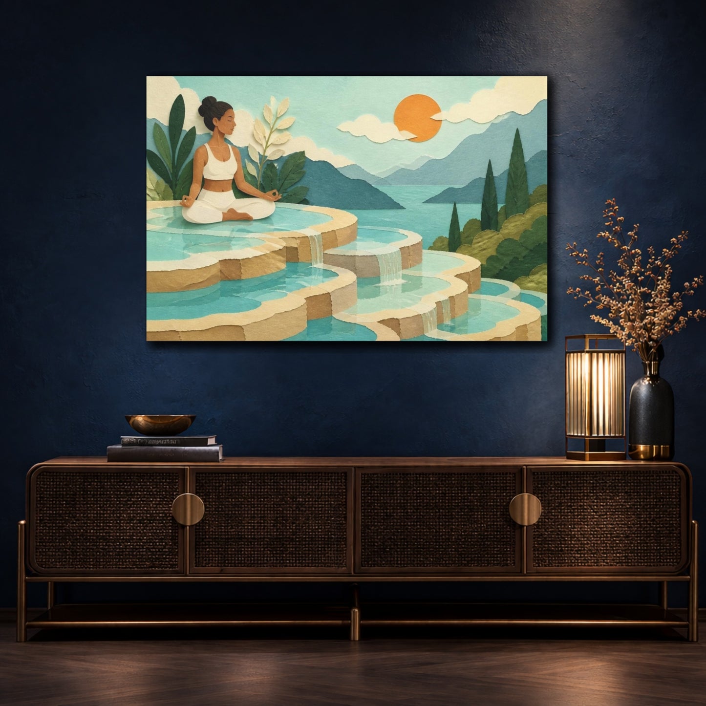 Mockup 4. Turquoise Terrace Yoga shown as canvas print