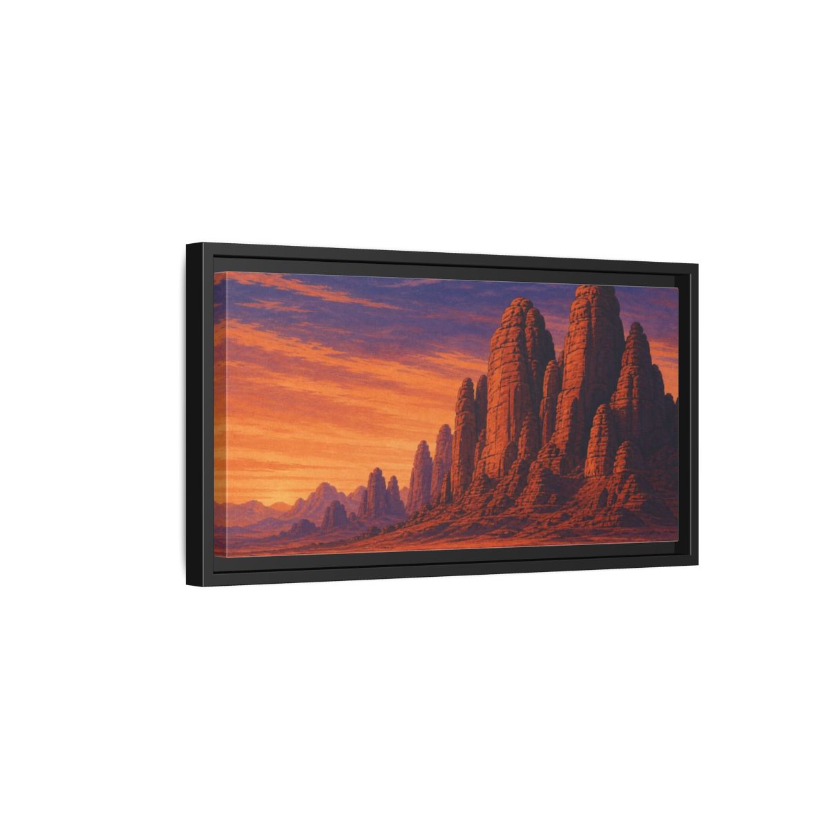 Side Mockup 8. Twilight Camel Caravan shown as framed canvas print