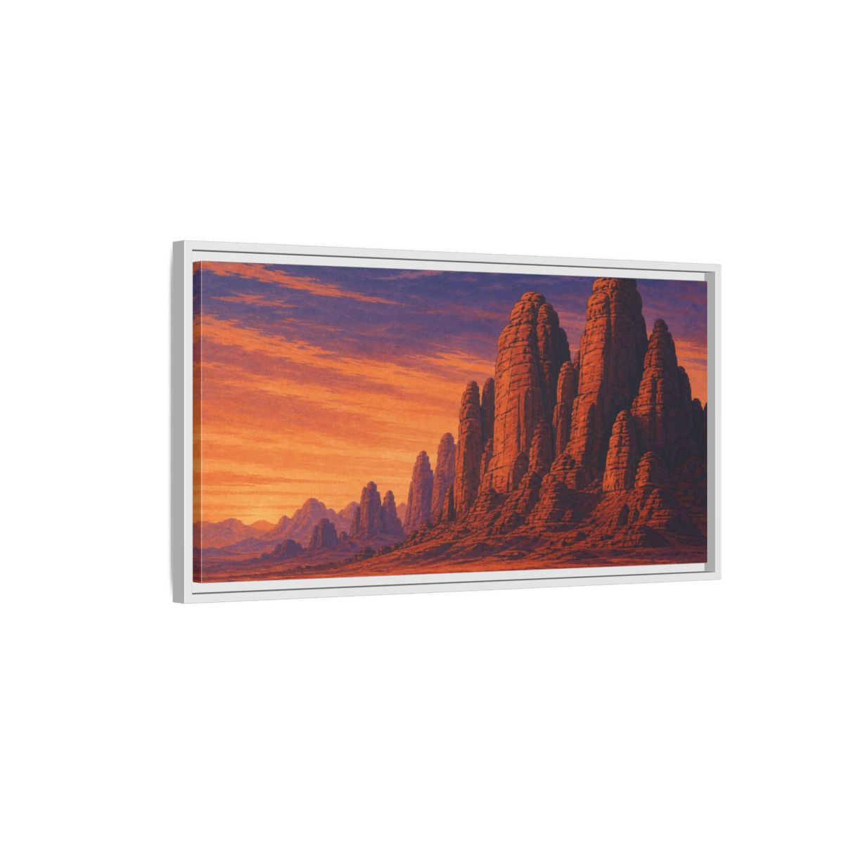 Side Mockup 1. Twilight Camel Caravan shown as framed canvas print