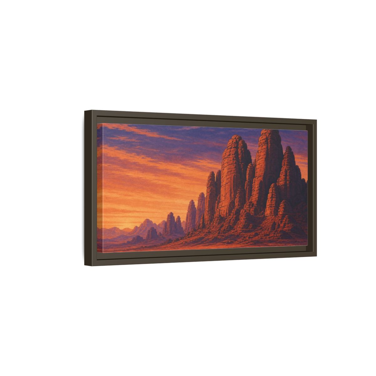 Side Mockup 7. Twilight Camel Caravan shown as framed canvas print