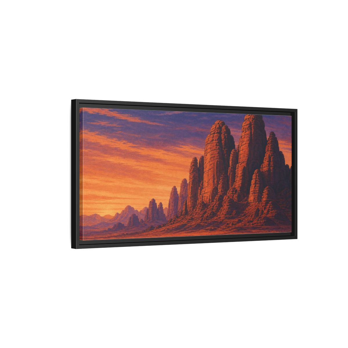 Side Mockup 2. Twilight Camel Caravan shown as framed canvas print