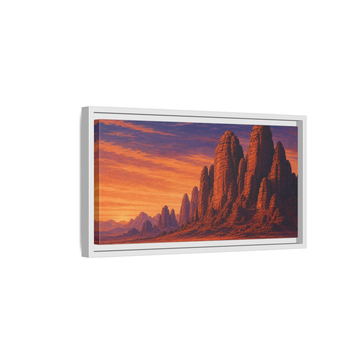 Side Mockup 6. Twilight Camel Caravan shown as framed canvas print