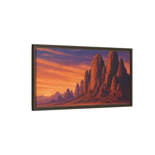 Main Mockup. Twilight Camel Caravan shown as framed canvas print