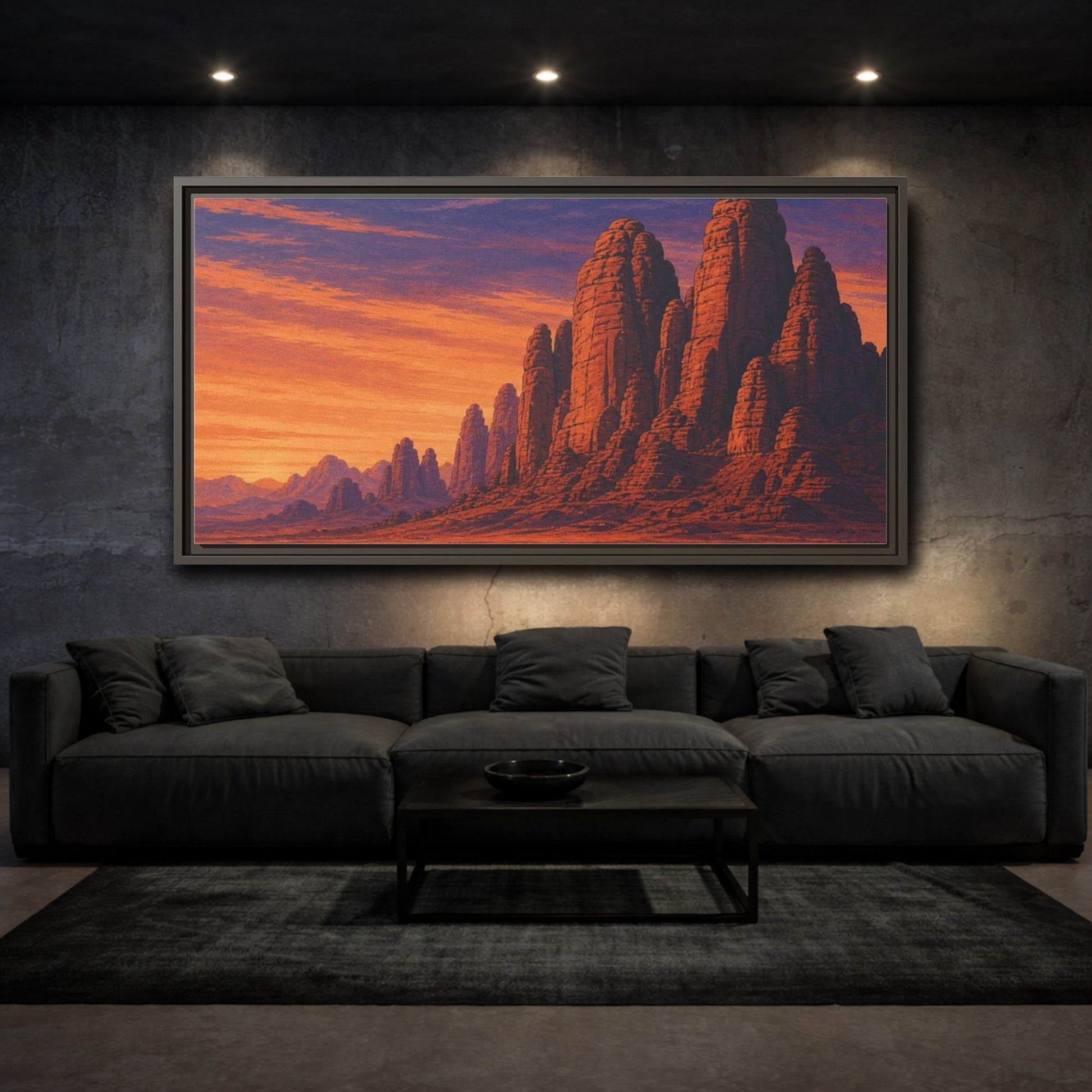 Mockup 3. Twilight Camel Caravan shown as framed canvas print