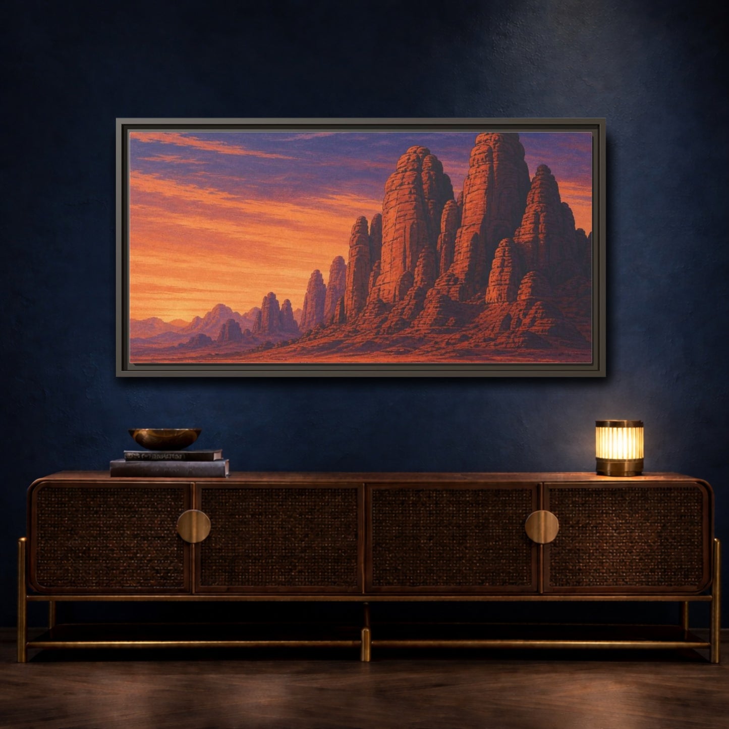 Mockup 4. Twilight Camel Caravan shown as framed canvas print