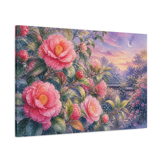 Main Mockup. Twilight Camellia Garden shown as canvas print