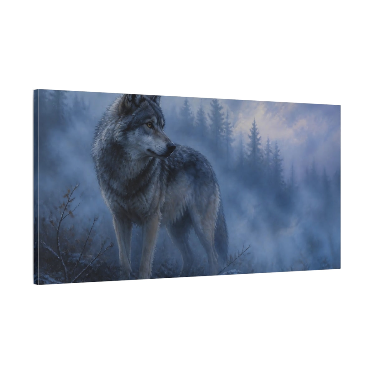 Main Mockup. Twilight Forest Wolf shown as canvas print