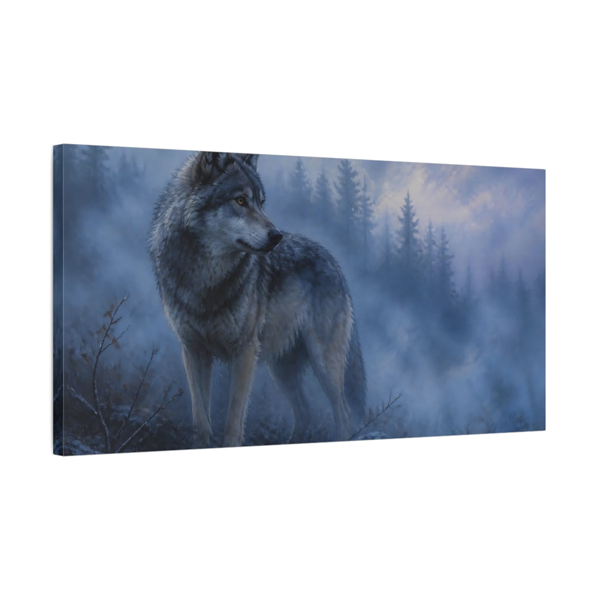 Side Mockup 1. Twilight Forest Wolf shown as canvas print