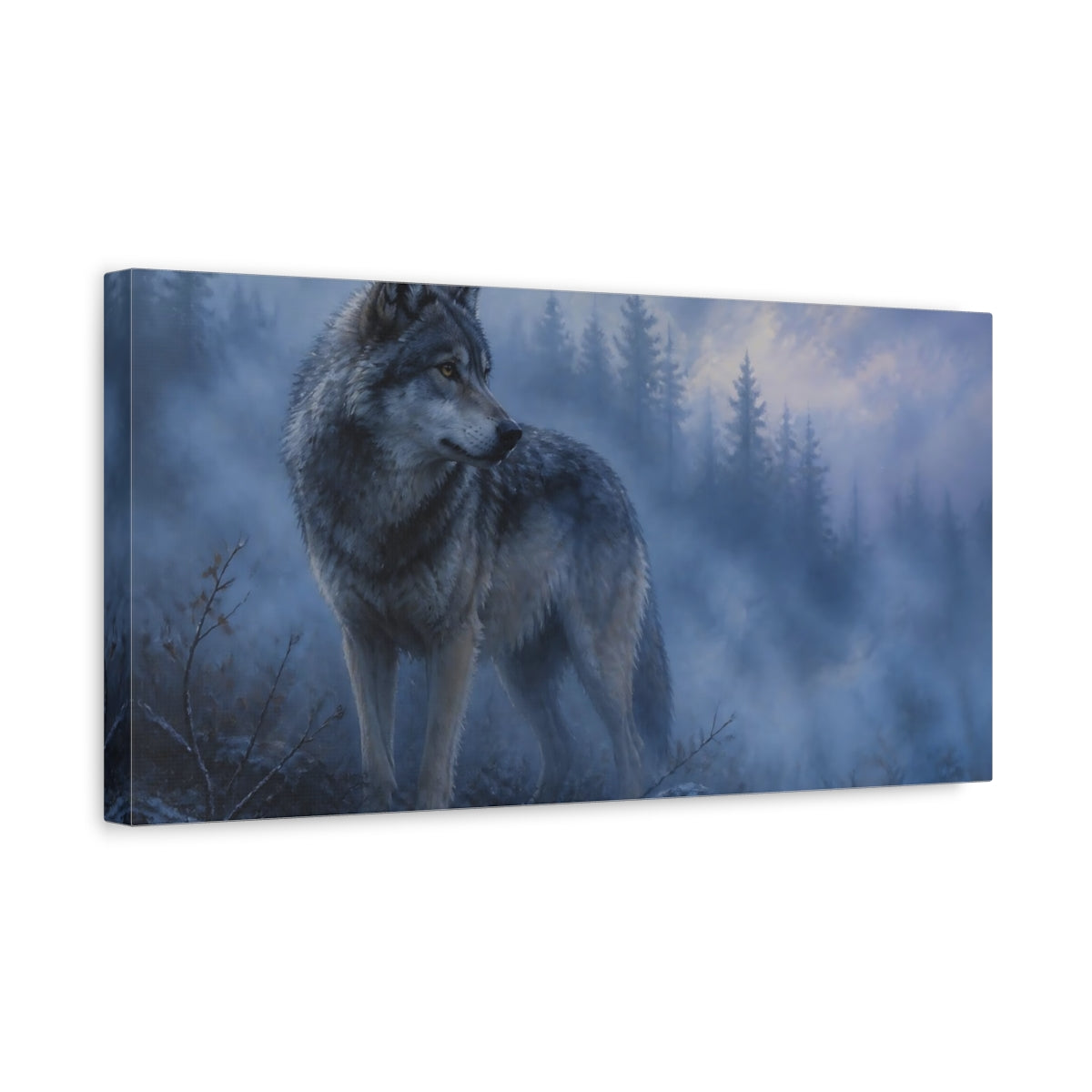 Side Mockup 3. Twilight Forest Wolf shown as canvas print