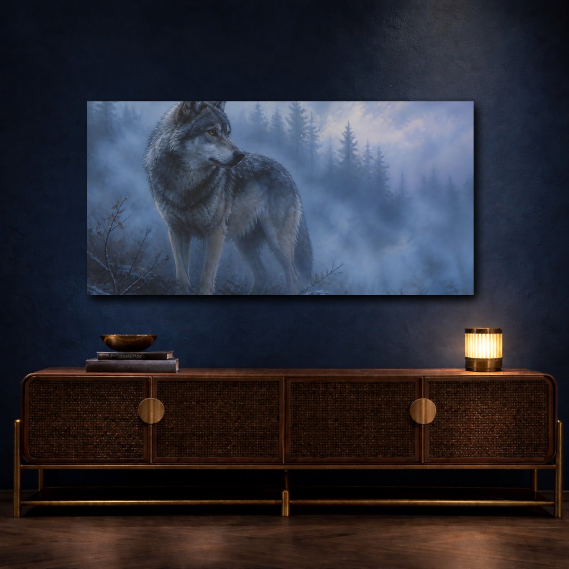 Mockup 4. Twilight Forest Wolf shown as canvas print