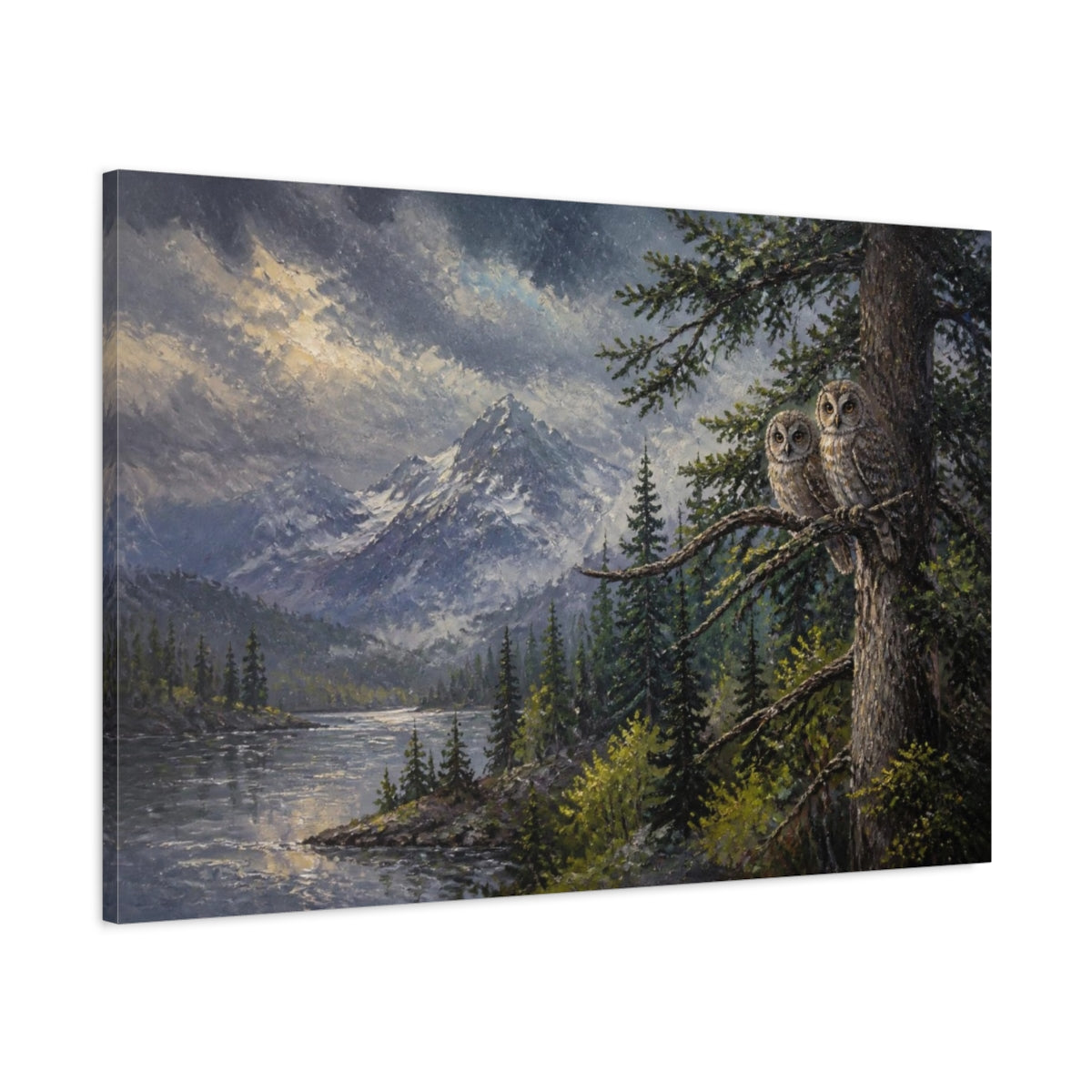 Main Mockup. Twilight Mountain Owls shown as canvas print