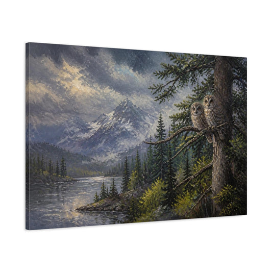 Main Mockup. Twilight Mountain Owls shown as canvas print
